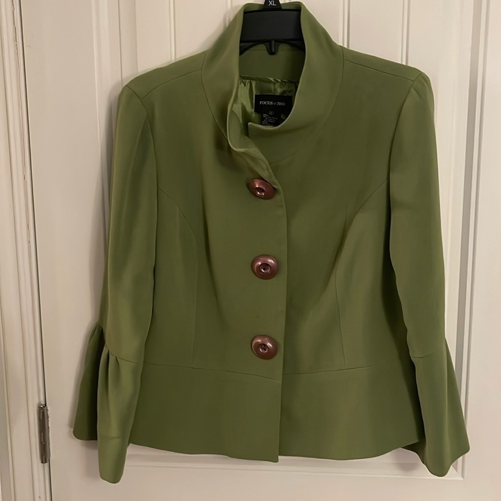 Women's sz 6 Vintage Focus‎ 2000 Bell Sleeves Green Big Button/Snap Up Pea Coat